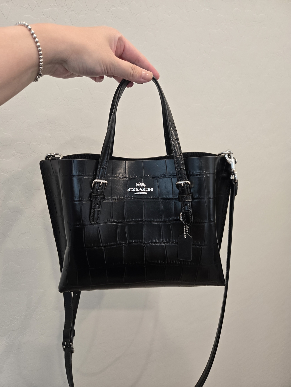 Coach Black Croc-Embossed Leather Satchel with Strap